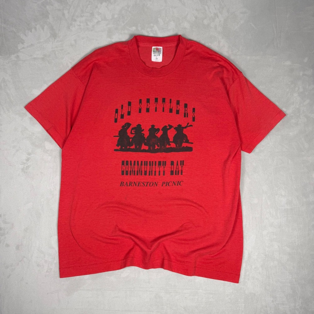 90s Mens Fruit of the Loom Old Settlers Community Day Graphic Tee Red XL